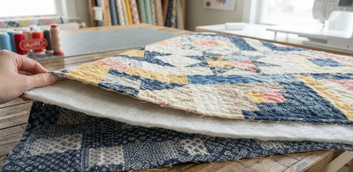 Quilt showing the three layers, batting, backing and top.
